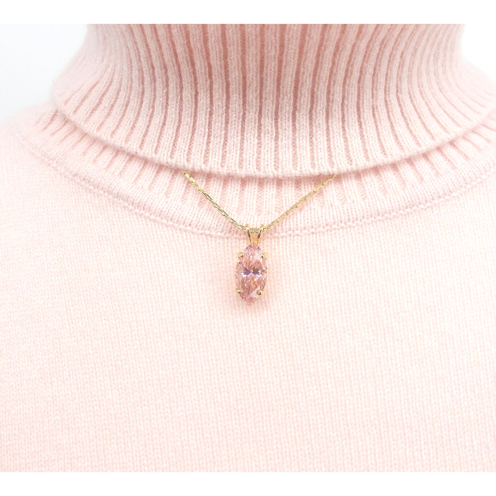 Pink Glass Pendant 16" Necklace Marquise Cut Gold Tone 8.8mm X 16.8 mm